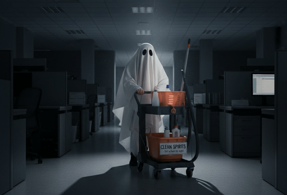 An office cleaner dressed as a ghost to show one of the key challenges office managers face with their commercial cleaning companies - no shows.