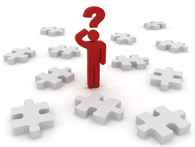 A red figure looking confused as he is surrounded by puzzle pieces that represent the common problems with office cleaning companies.