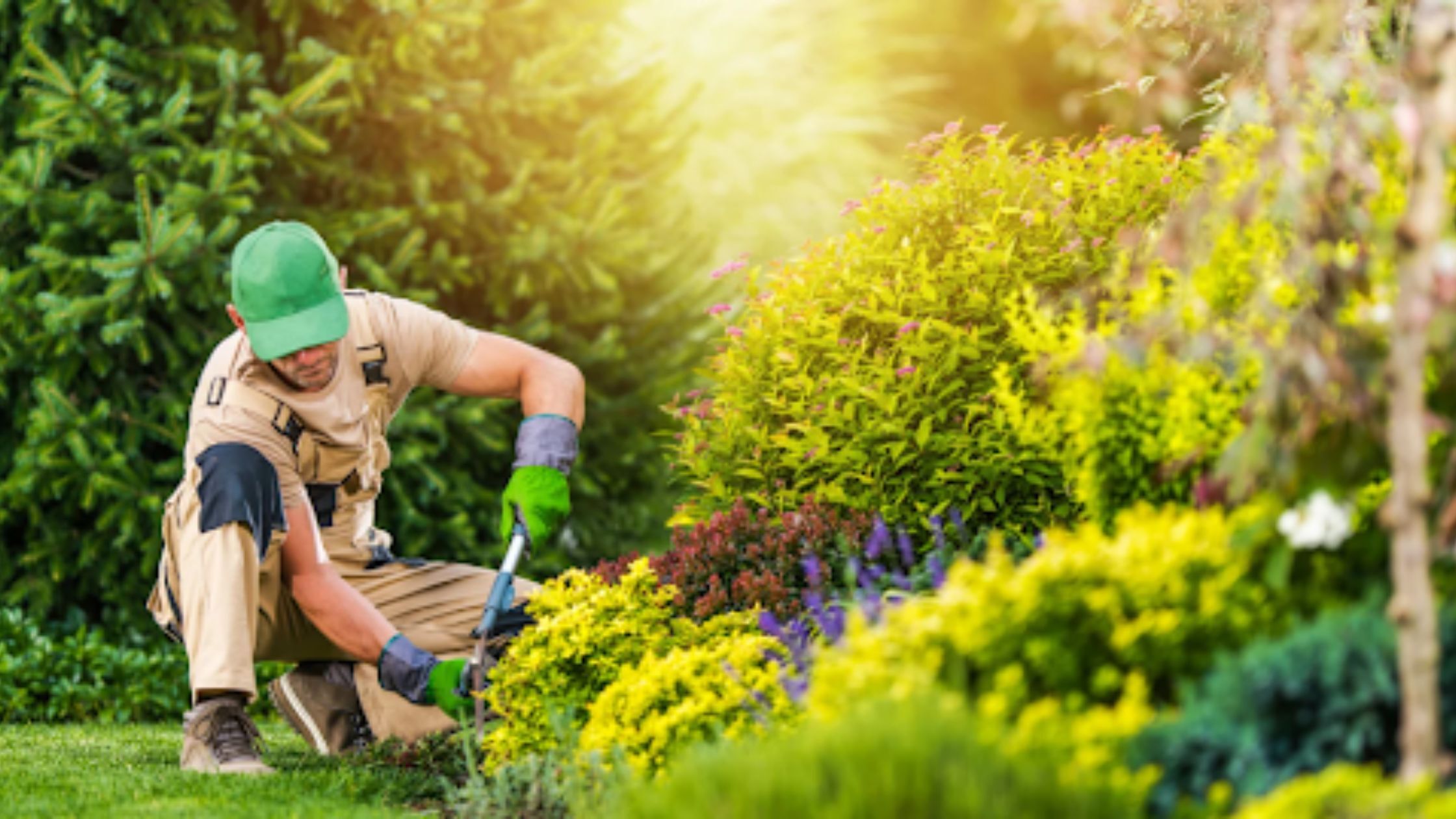 Grounds maintenance worker trimming hedges and landscaped plants at a business premises using gardening tools.